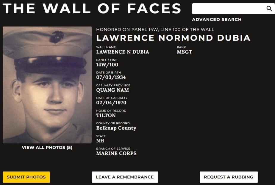 Lawrence Normond Dubia Tilton NH Vietnam War Casualty