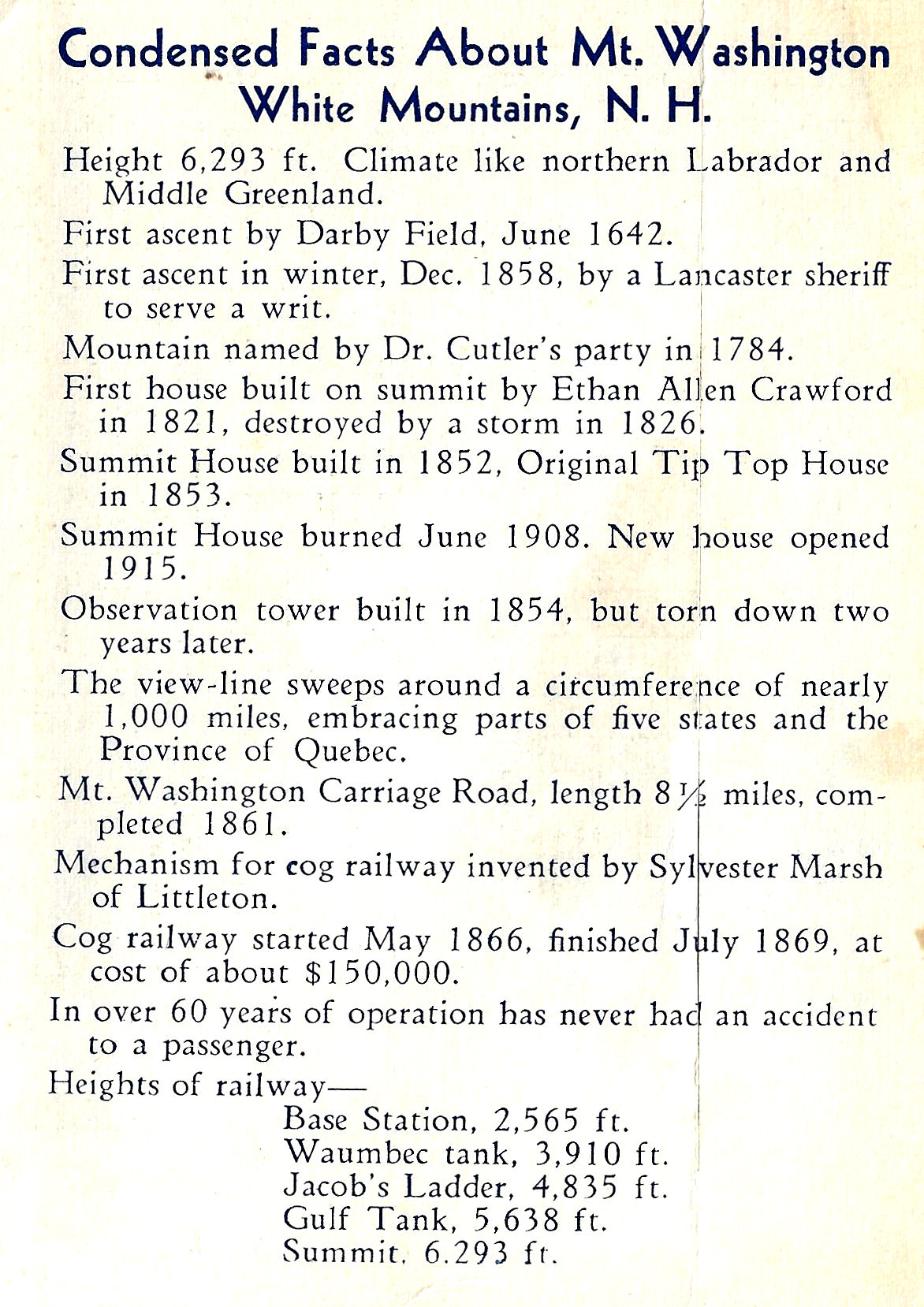 Mt Washington Postcard Set - 1931 - Condensed Facts