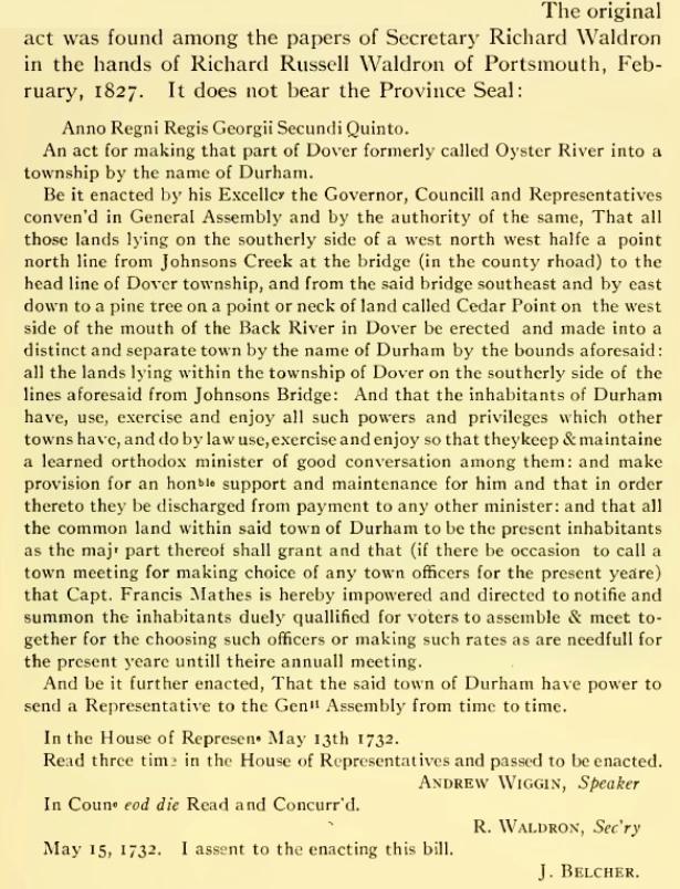 Act making Durham NH a Town May 15, 1732