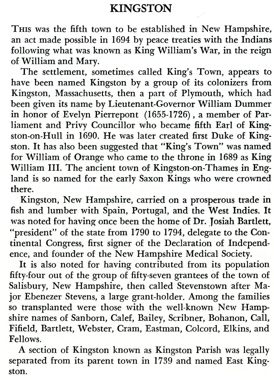 Kingston New Hampshire Town Name Origin