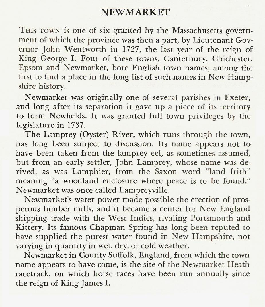 Newmarket New Hampshire Town Name origin