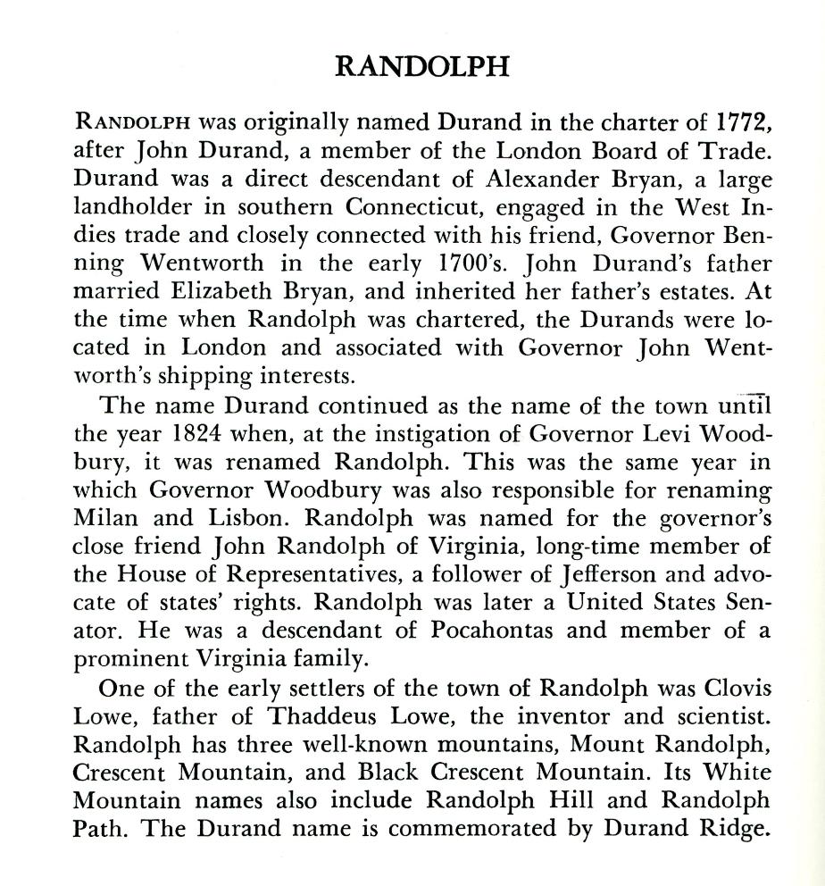 Randolph New Hampshire Town History