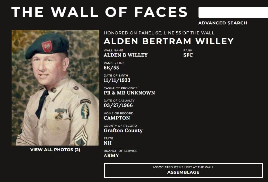Alden Bertram Willey Campton NH Vietnam War Casualty