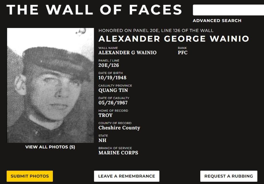 Alexander George Wainio Troy NH Vietnam War Casualty