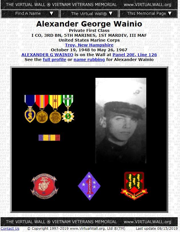 Alexander George Wainio Troy NH Vietnam War Casualty
