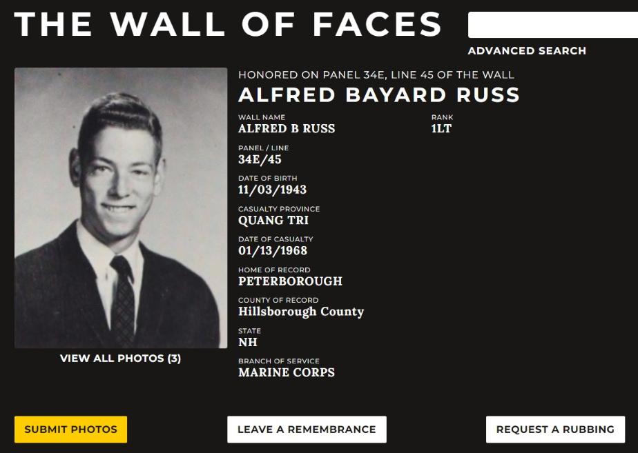 Alfred Bayard Russ Hancock NH Vietnam War Casualty