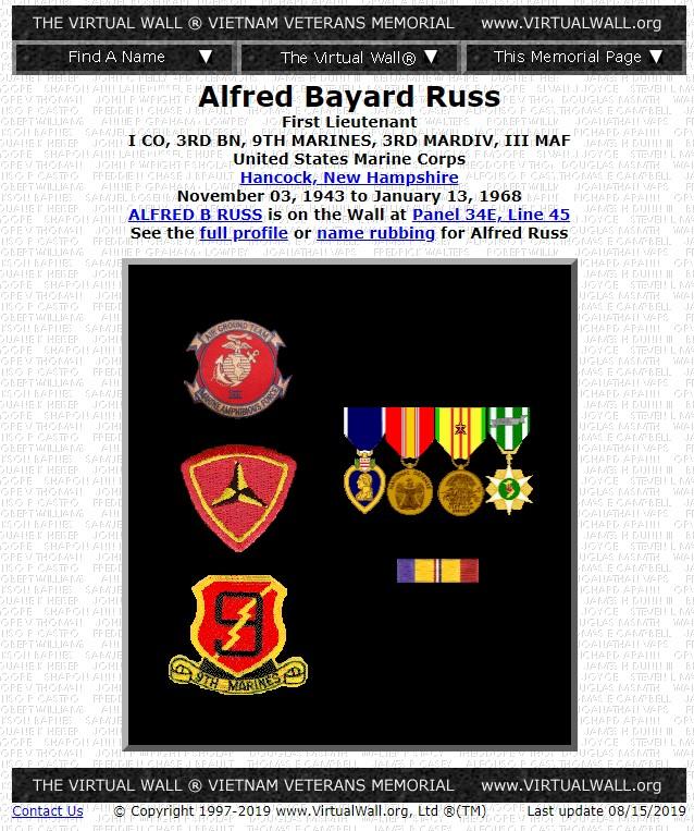 Alfred Bayard Russ Hancock NH Vietnam War Casualty