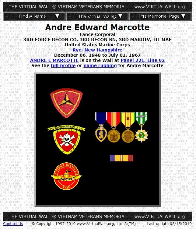 Andre Edward Marcotte Rye NH Vietnam War Casualty