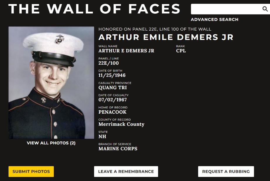 Arthur Emile Demers Penacook NH Vietnam War Casualty