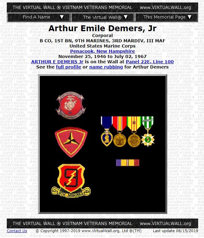 Arthur Emile Demers Penacook NH Vietnam War Casualty