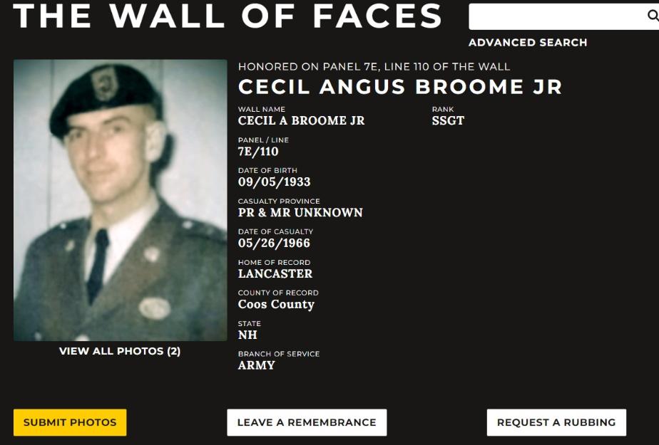 Cecil Angus Broome Jr Lancaster NH Vietnam War Casualty