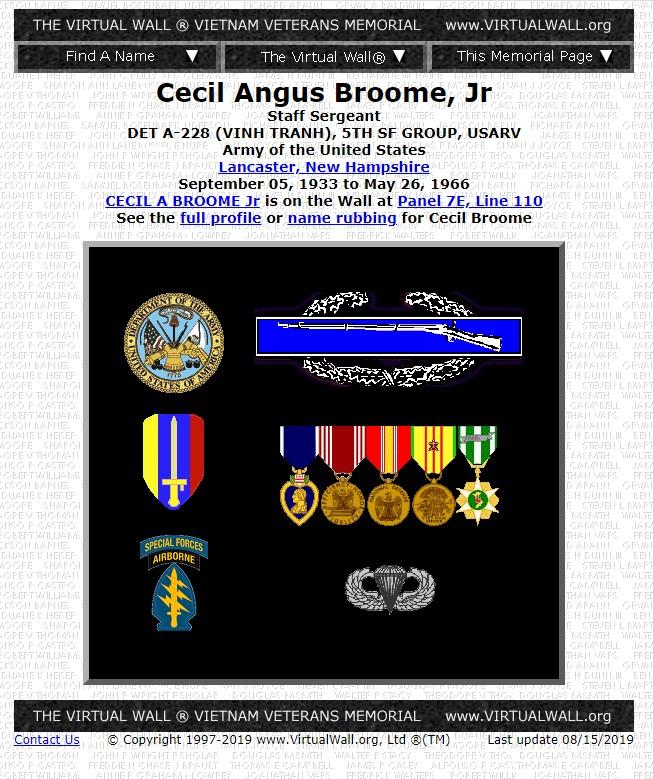 Cecil Angus Broome Jr Lancaster NH Vietnam War Casualty