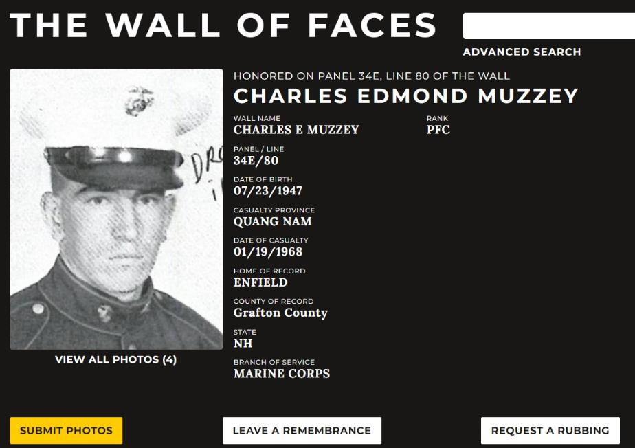 Charles Edmund Muzzey Enfield NH Vietnam War Casualty