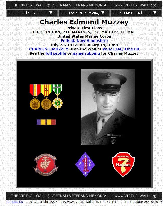 Charles Edmund Muzzey Enfield NH Vietnam War Casualty