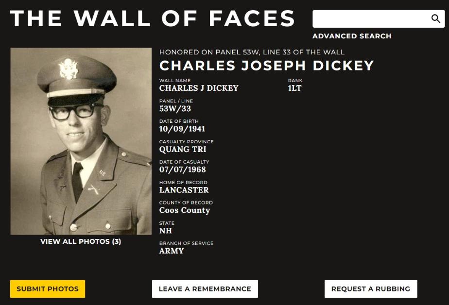 Charles Joseph Dickey Lancaster NH Vietnam War Casualty