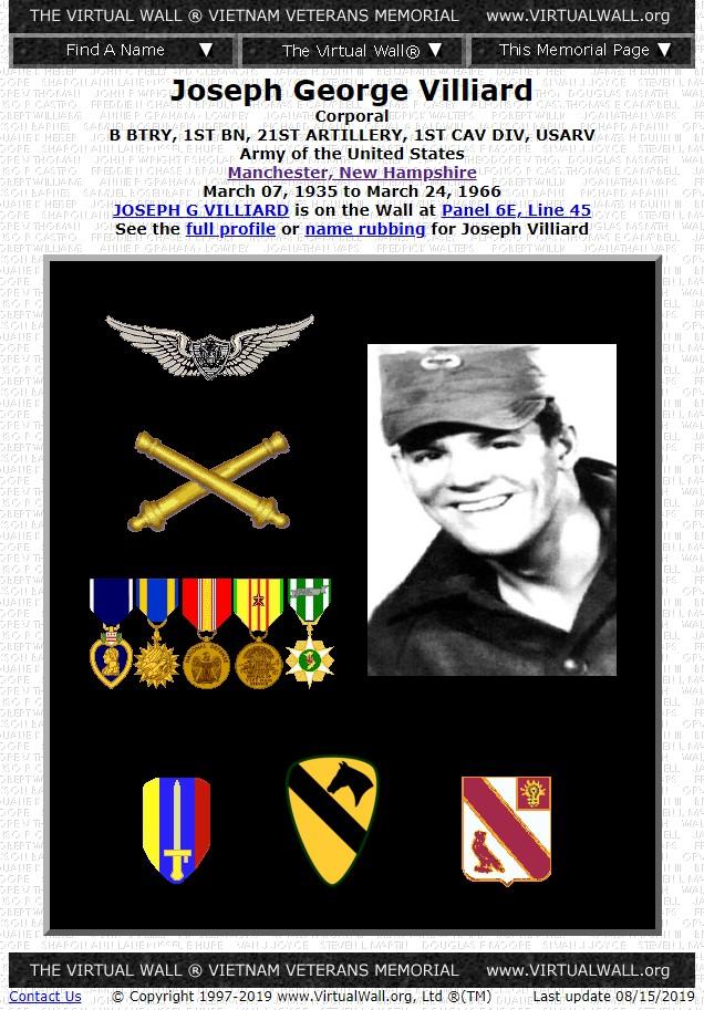 Corporal Joseph George Villiard Manchester NH Vietnam War Casualty