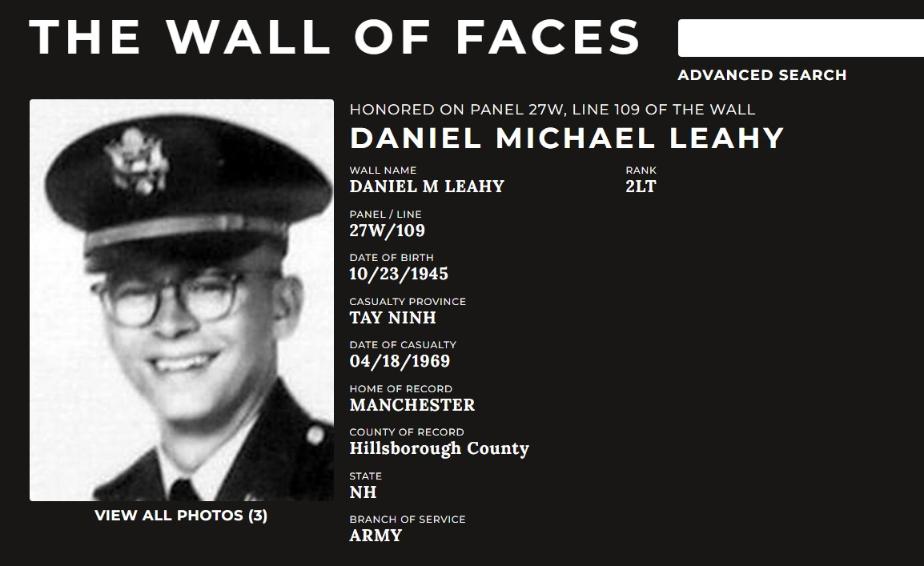Daniel Michael Leahy Manchester NH Vietnam War Casualty
