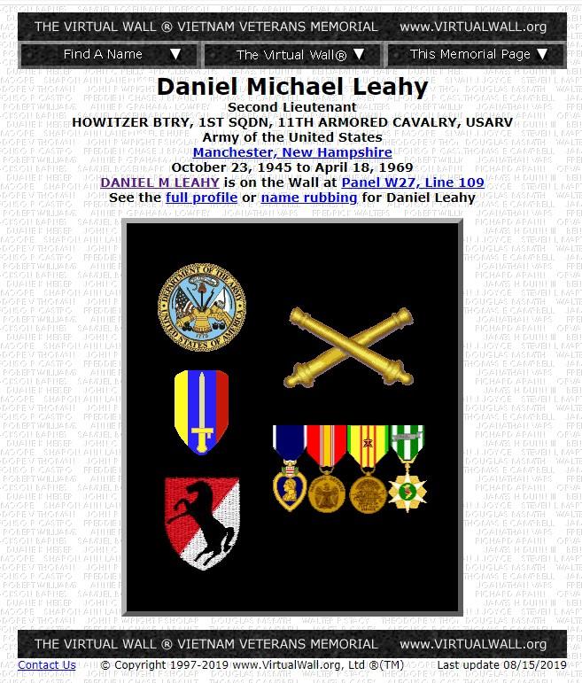 Daniel Michael Leahy Manchester NH Vietnam War Casualty