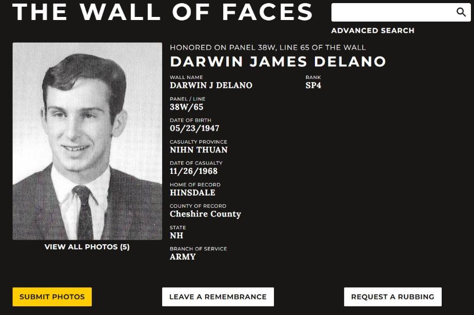 Darwin James Delano Hinsdale NH Vietnam War Casualty