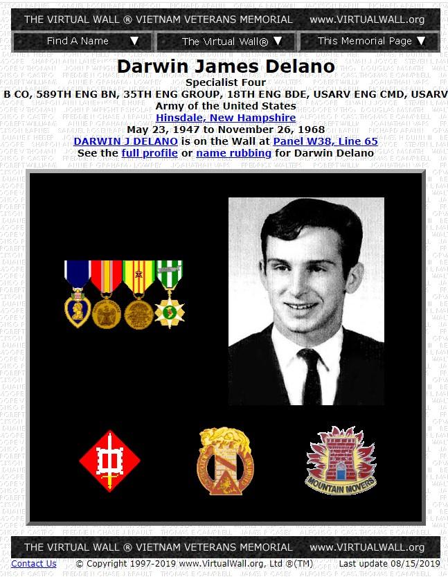 Darwin James Delano Hinsdale NH Vietnam War Casualty