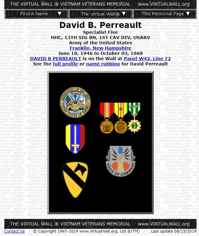 David B Perreault Franklin NH Vietnam War Casualty