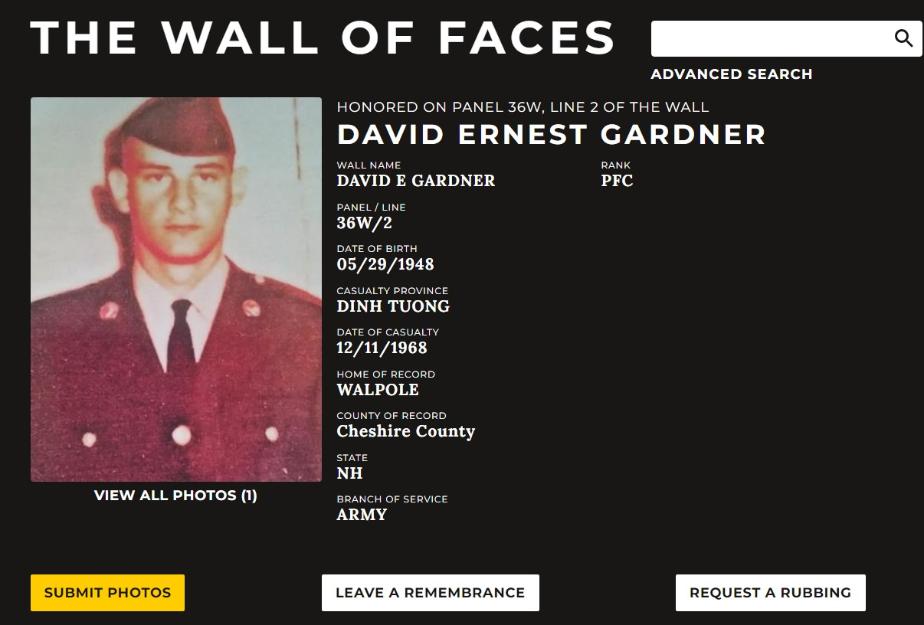 David Ernest Gardner Walpole NH Vietnam War Casualty