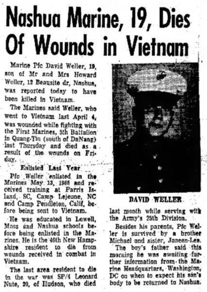 David Howard Weller Nashua NH Vietnam War Casualty