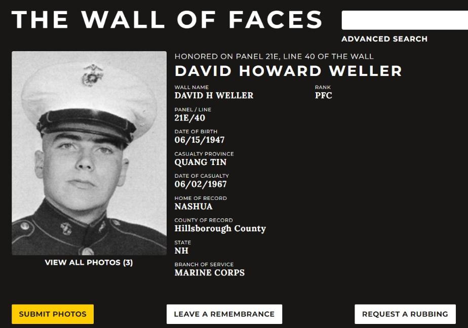 David Howard Weller Nashua NH Vietnam War Casualty