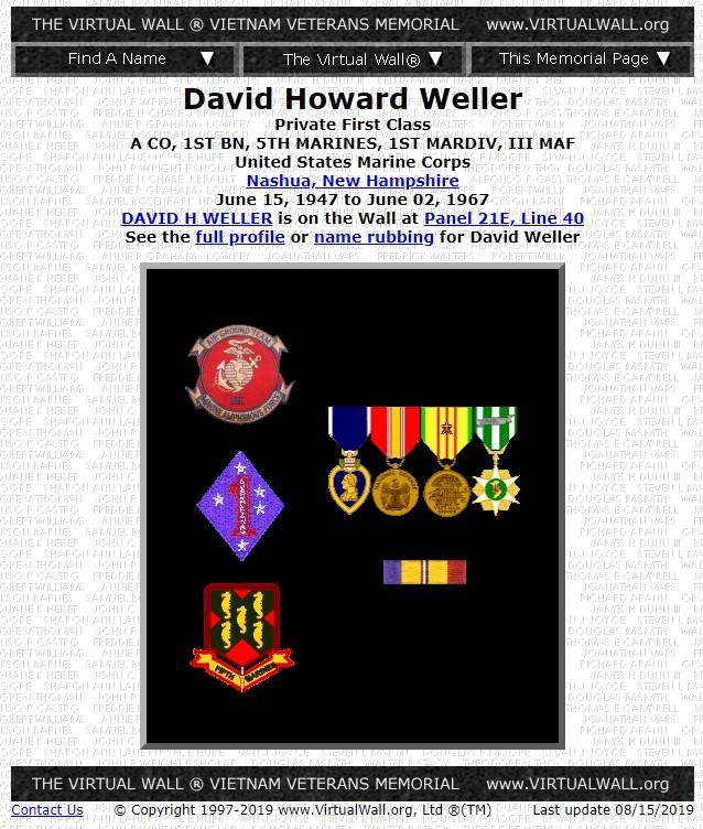 David Howard Weller Nashua NH Vietnam War Casualty