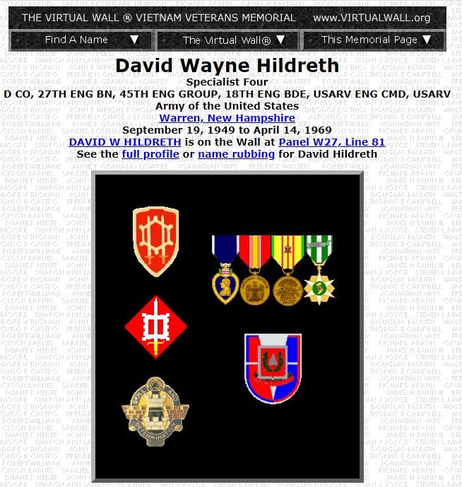 David Wayne Hildreth Warren NH Vietnam War Casualty