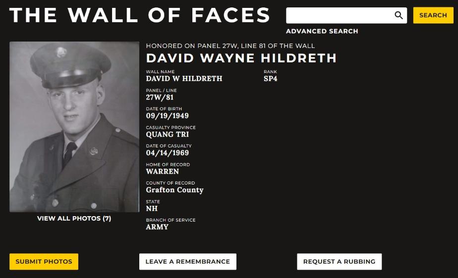 David Wayne Hildreth Warren NH Vietnam War Casualty