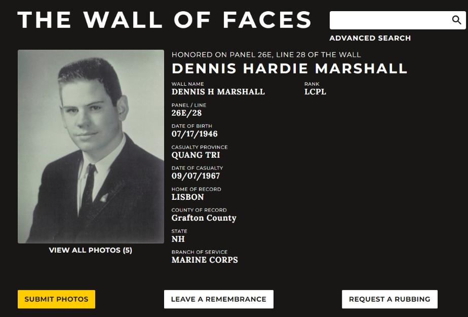 Dennis Hardie Marshall Lisbon NH Vietnam War Casualty