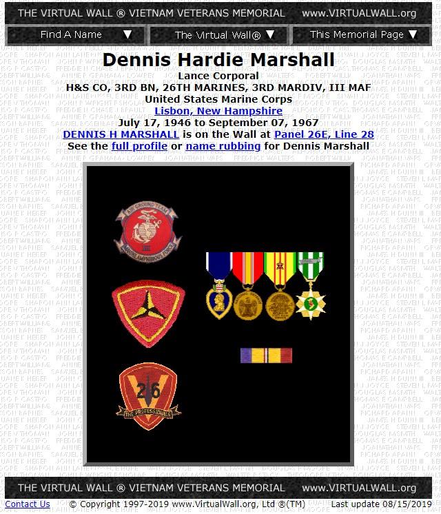 Dennis Hardie Marshall Lisbon NH Vietnam War Casualty