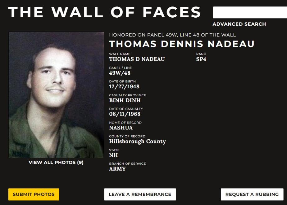 Thomas Dennis Nadeau Nashua NH Vietnam War Casualty