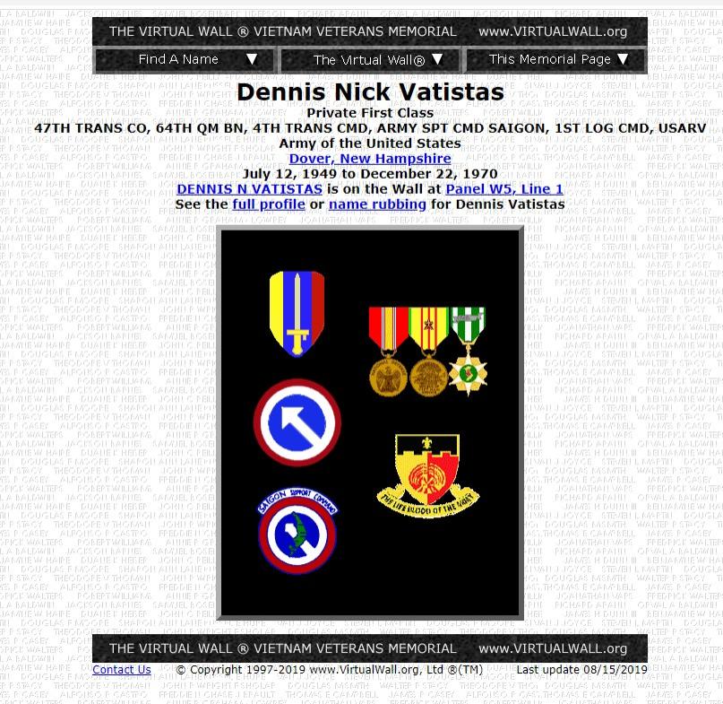 Dennis Nick Vatistas Dover NH Vietnam War Casualty - 1