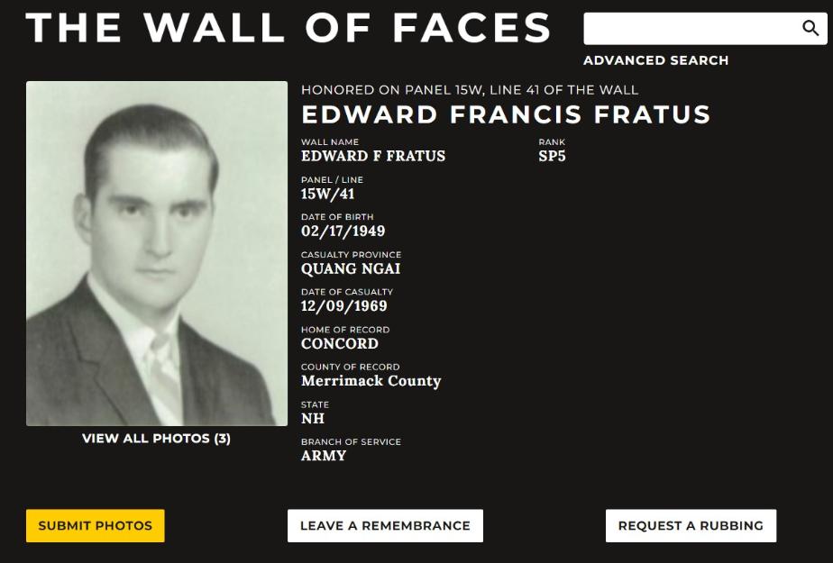 Edward Francis Fratus Concord NH Vietnam War Casualty