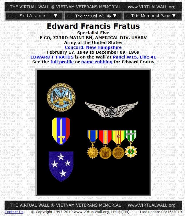 Edward Francis Fratus Concord NH Vietnam War Casualty