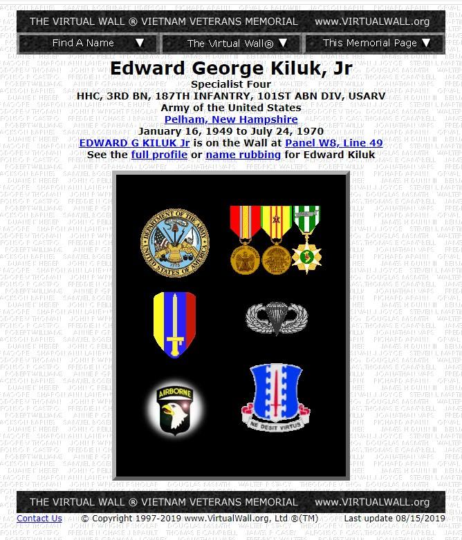 Edward George Kiluk Jr. Pelham NH Vietnam War Casualty