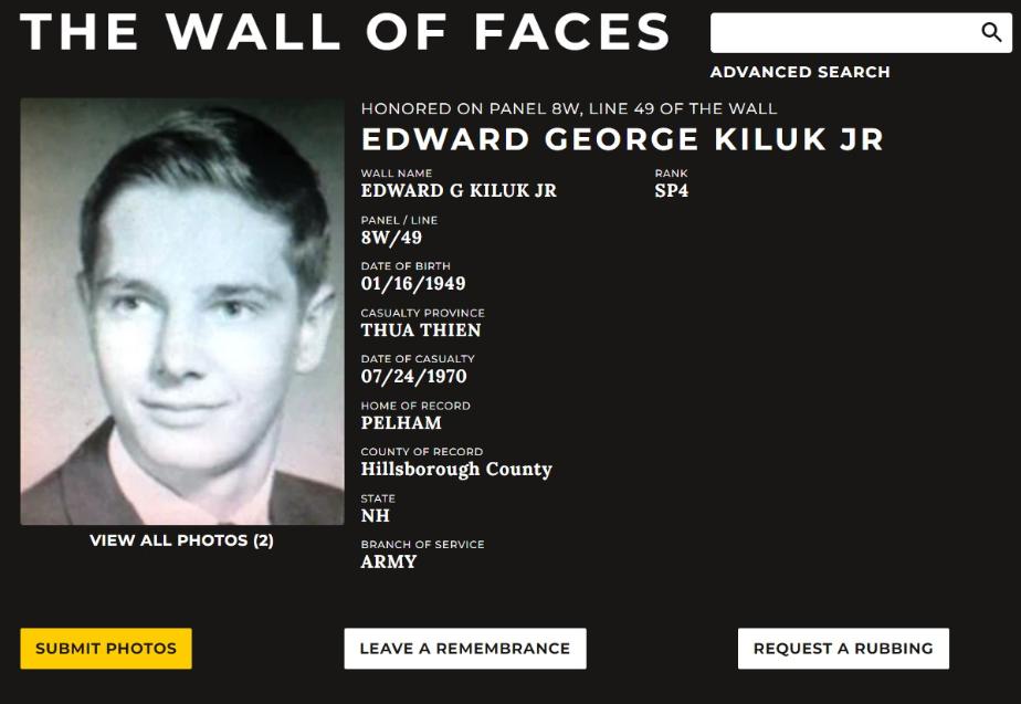 Edward George Kiluk Jr. Pelham NH Vietnam War Casualty