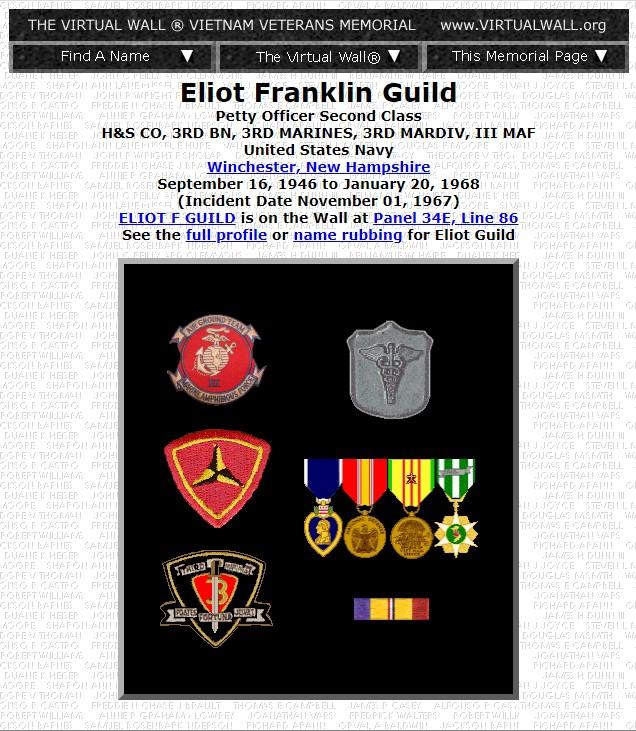 Eliot Franklin Guild Winchester NH Vietnam War Casualty