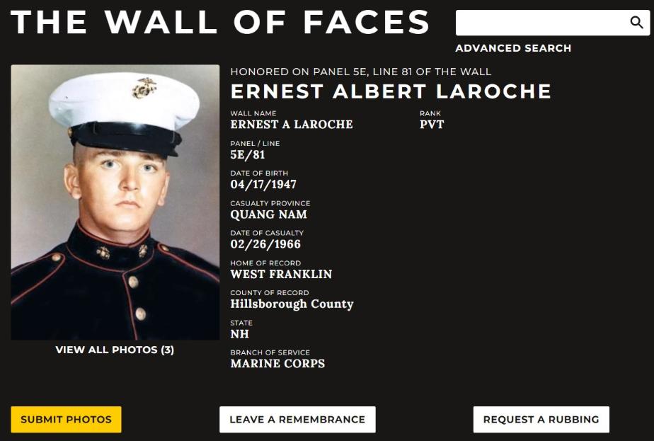 Ernest Albert Laroche West Franklin NH Vietnam War Casualty