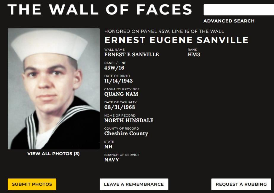 Ernest Eugene Sanvill N Hinsdale NH Vietnam War Casualty