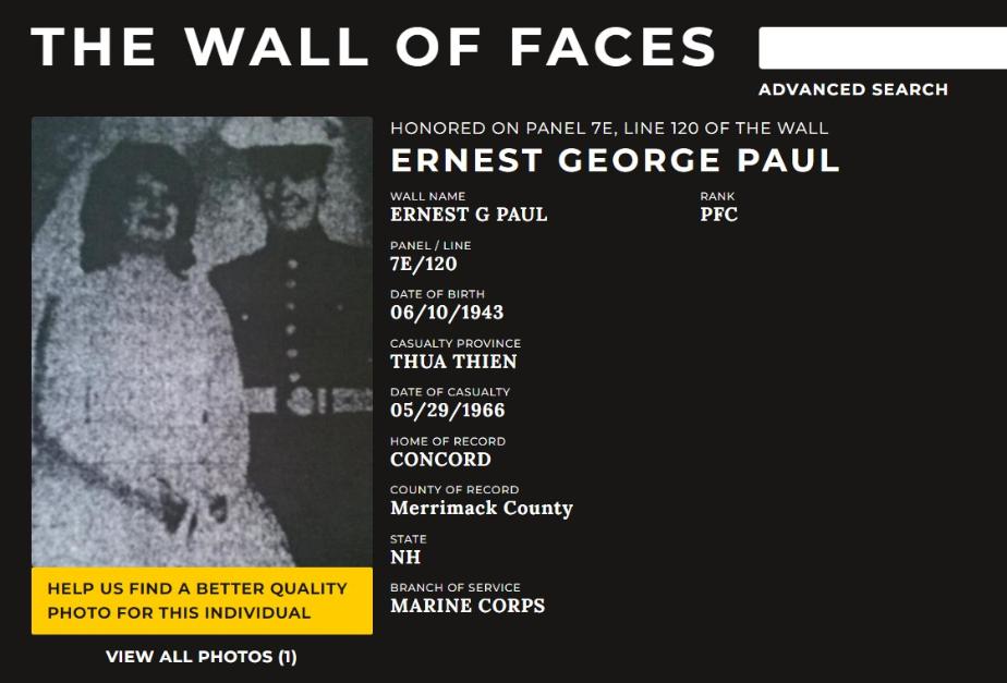 Ernest George Paul Concord NH Vietnam War Casualty