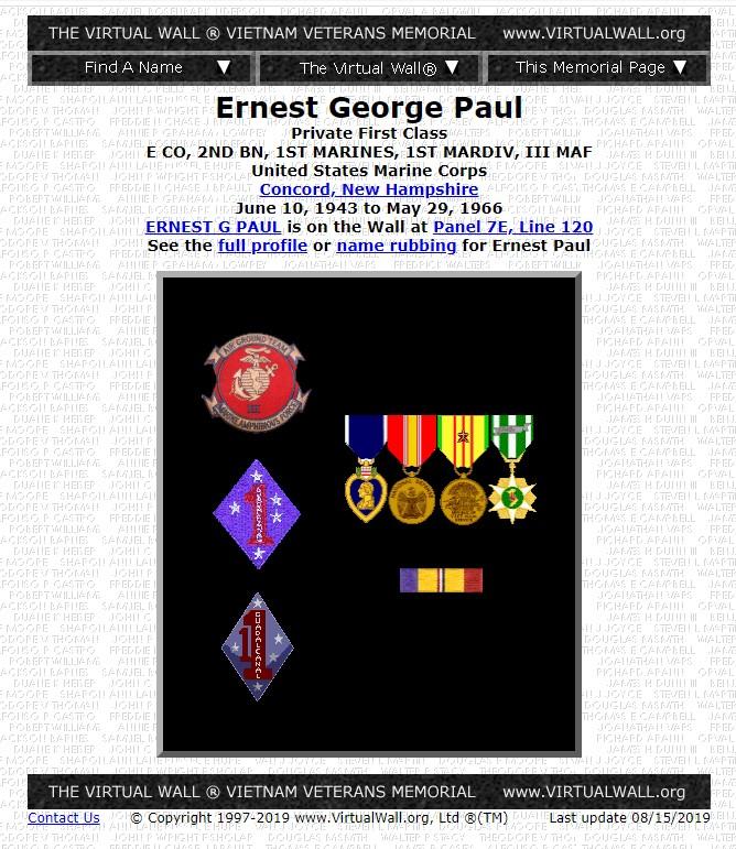 Ernest George Paul Concord NH Vietnam War Casualty