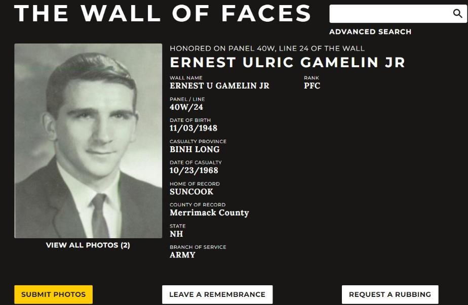 Ernest Ulrich Gamelin Suncook NH Vietnam War Casualty