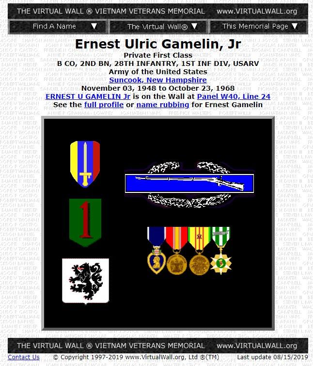 Ernest Ulrich Gamelin Suncook NH Vietnam War Casualty