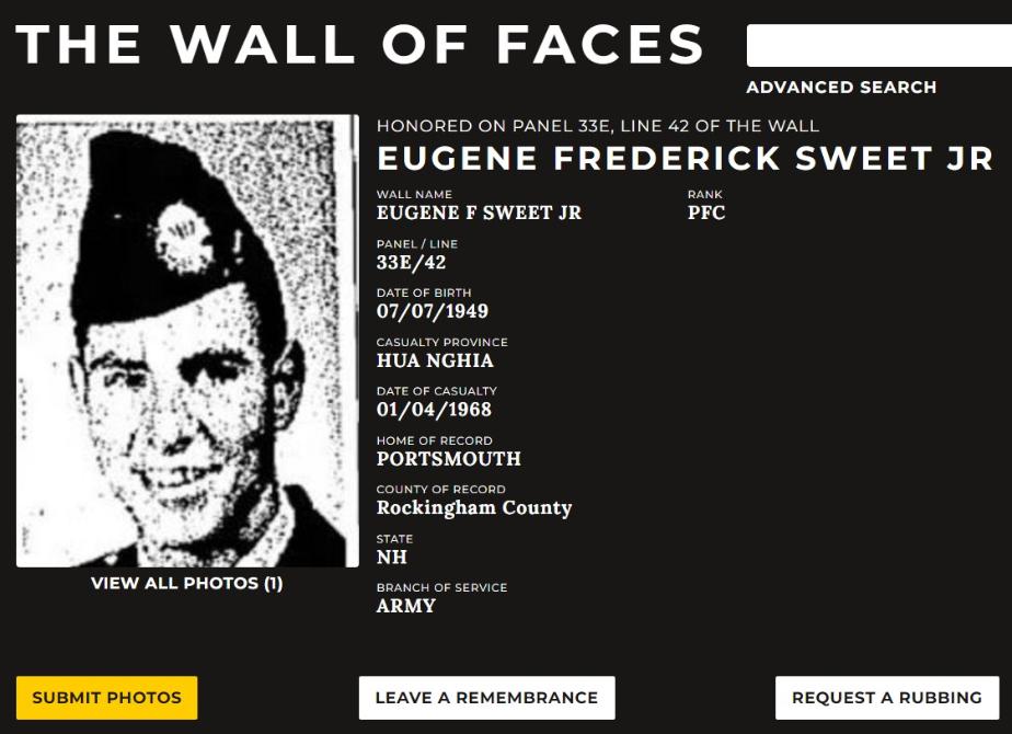Eugene Frederick Sweet Jr Portsmouth NH Vietnam War Casualty