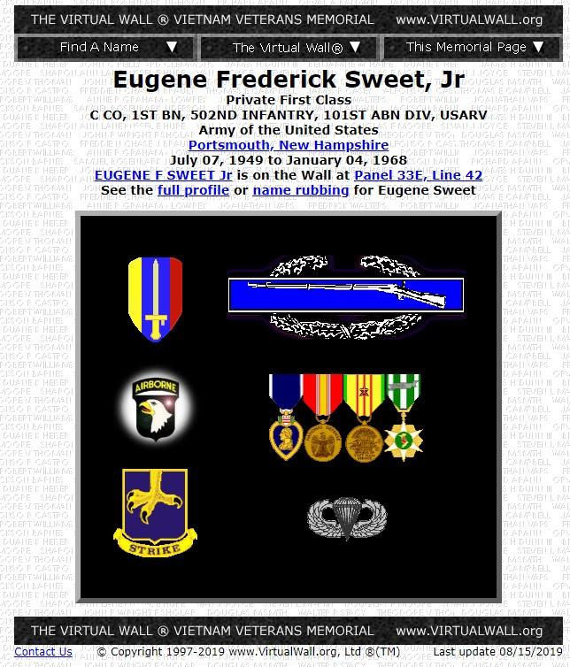 Eugene Frederick Sweet Jr Portsmouth NH Vietnam War Casualty