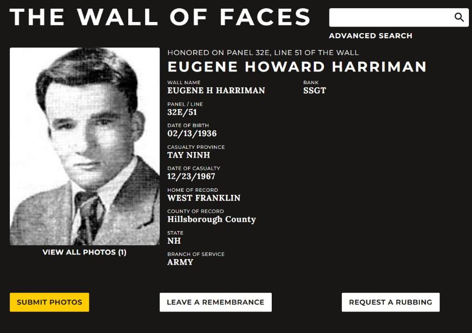 Eugene Howard Harriman - West Franklin NH Vietnam War Casualty