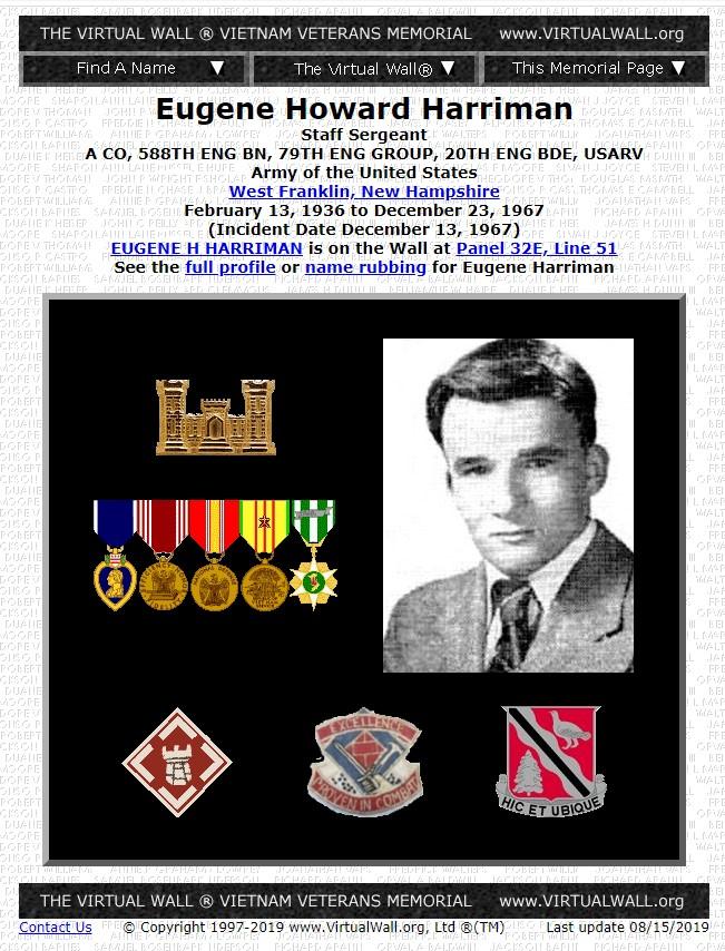 Eugene Howard Harriman - West Franklin NH Vietnam War Casualty